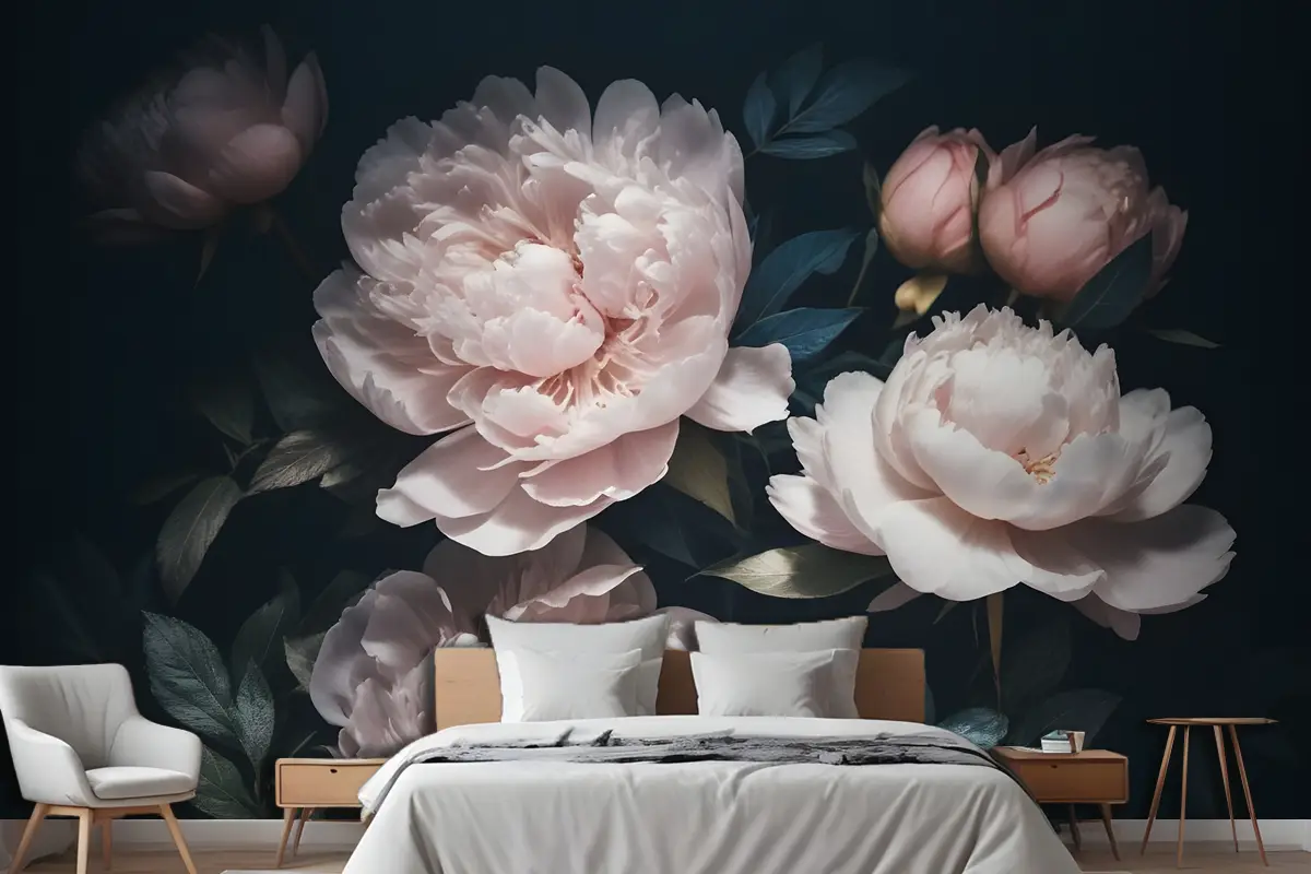 Koyu Çiçekli Şakayık Buketi Yatak Odası Duvar Kağıdı