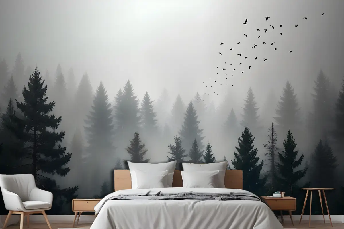 Karanlık Orman Puslu Manzara Yatak Odası Duvar Kağıdı