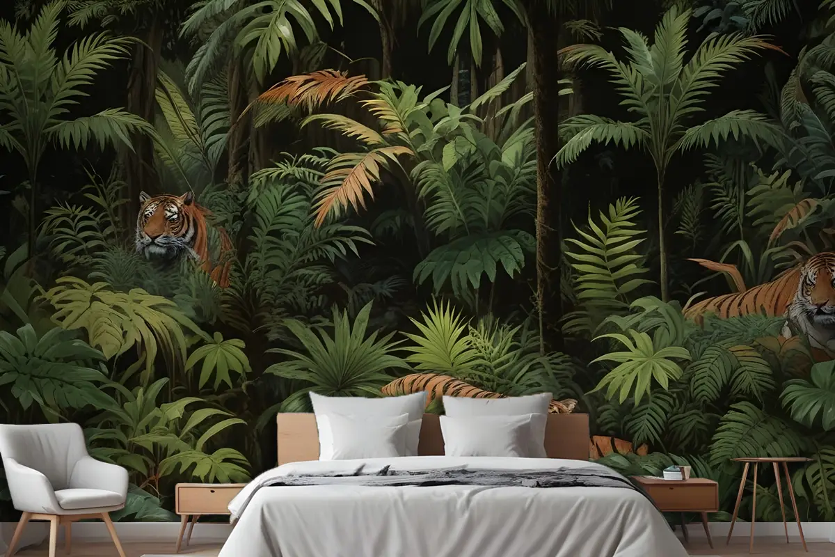 Leoparlı Karanlık Tropikal Ağaçlar Yatak Odası Duvar Kağıdı