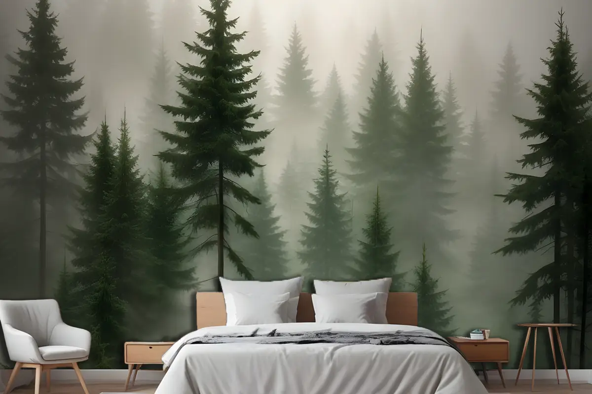 Sisli Sisli Bir Ortamda Uzun Yaprak Dökmeyen Ağaçlardan Oluşan Yoğun Orman Yatak Odası Duvar Kağıdı