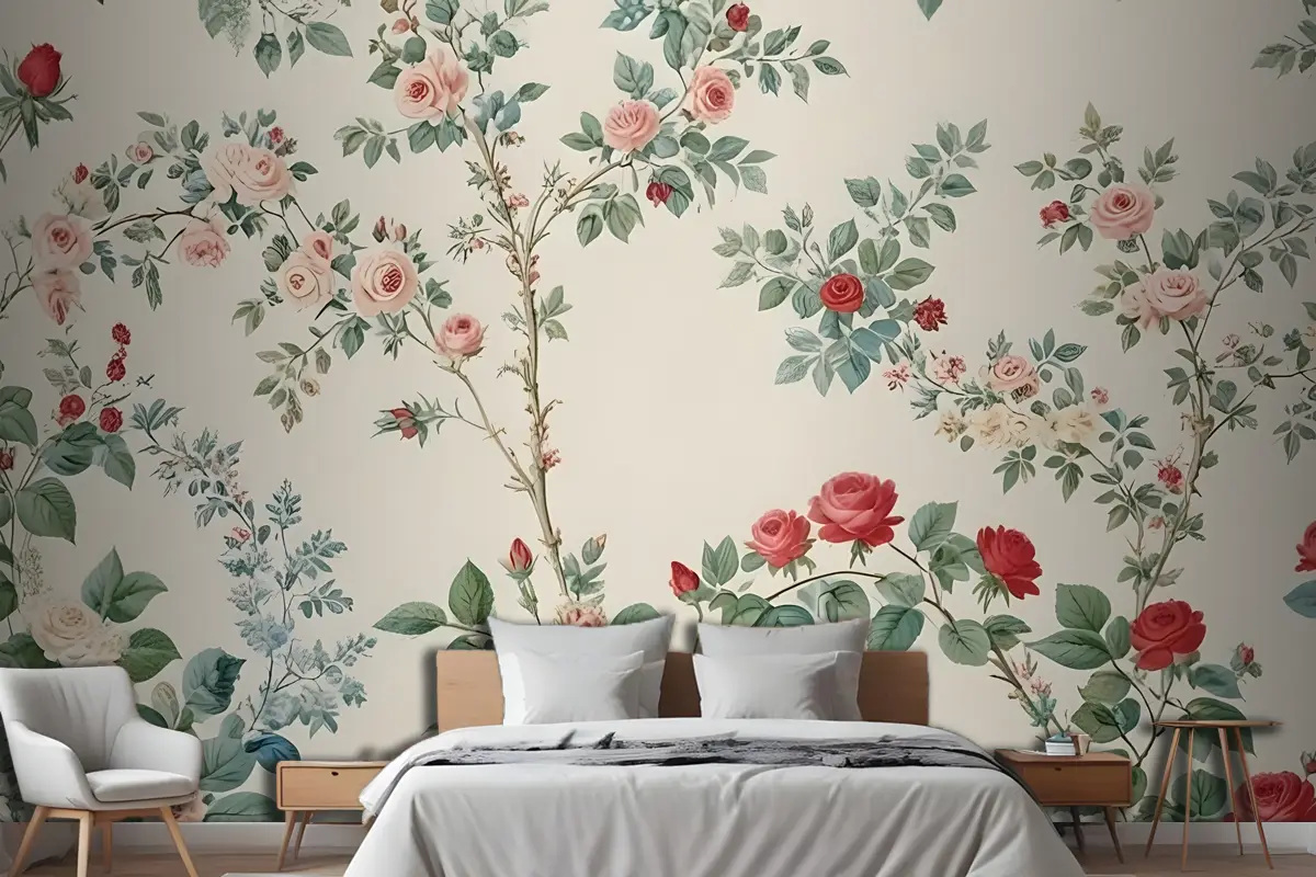 Çeşitli Çiçek Ve Bitkileri İçeren Detaylı Çiçek Yatak Odası Duvar Kağıdı Deseni