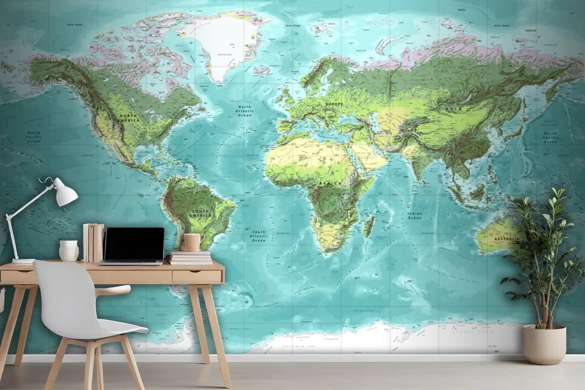 Detaylı Fiziksel Dünya Haritası Miller Projeksiyonu Duvar Kağıdı