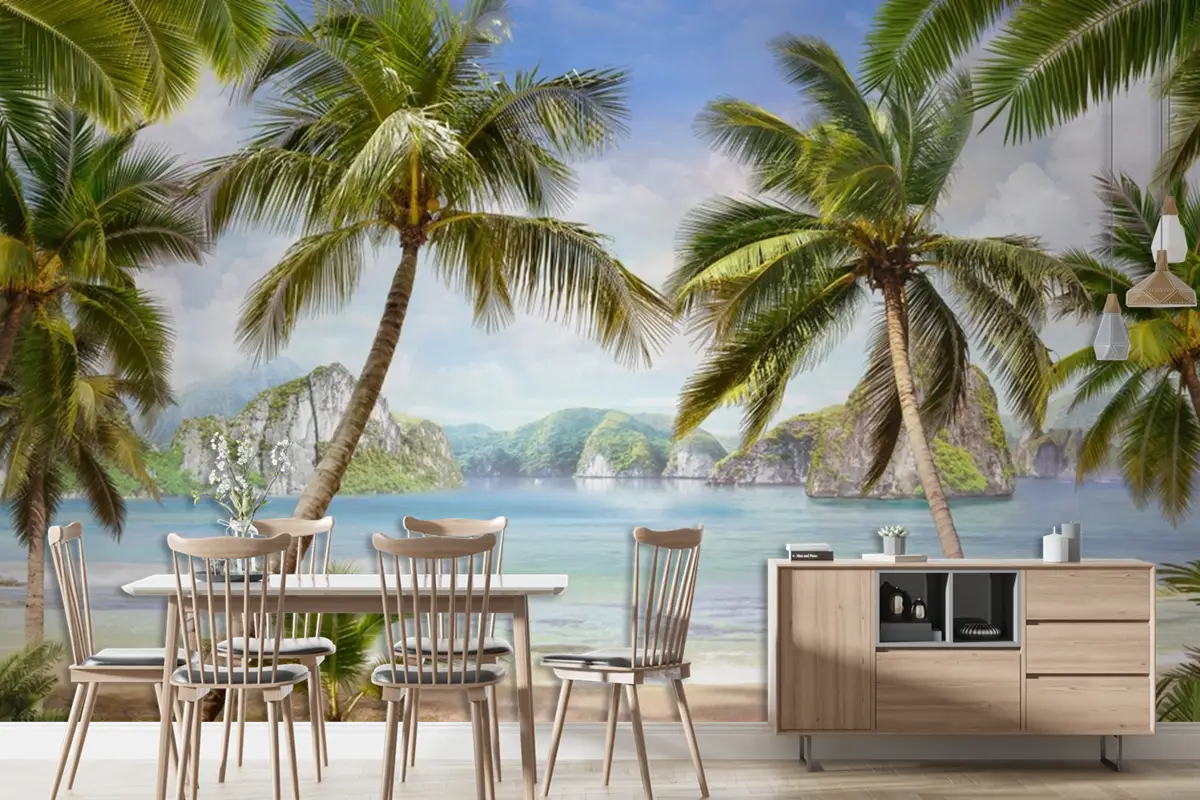Doğa Palmiye Ağacı Ve Ada Deniz Manzaralı Duvar Kağıdı