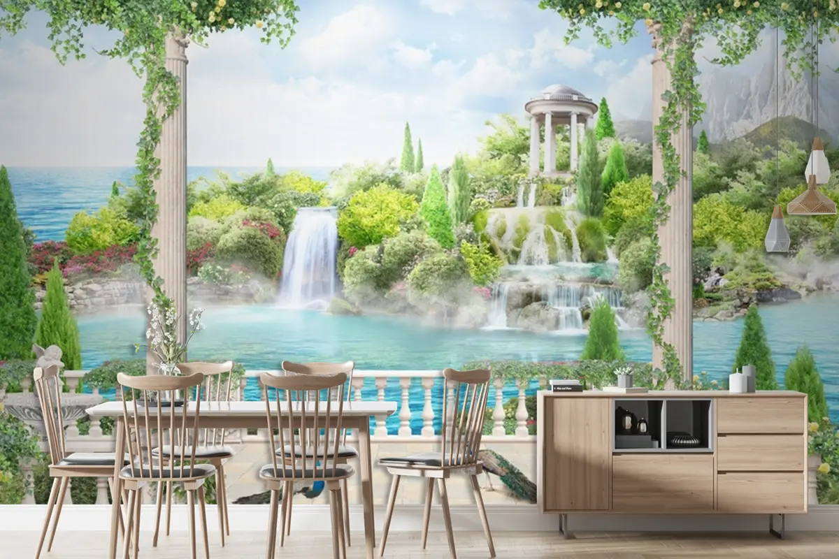 Doğa Şelale Mimari Balkon Manzara Duvar Kağıdı