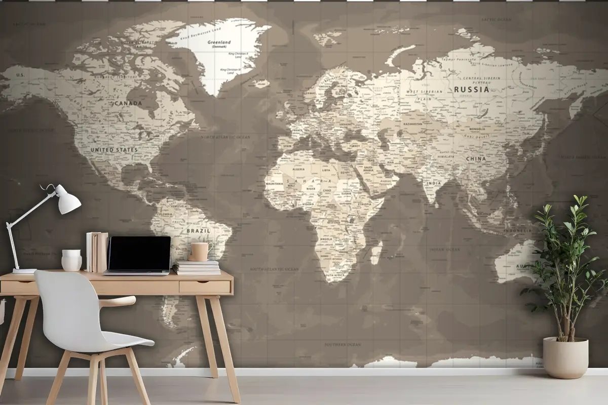 Dünya Haritası Vintage Siyasi Kahverengi Duvar Kağıdı
