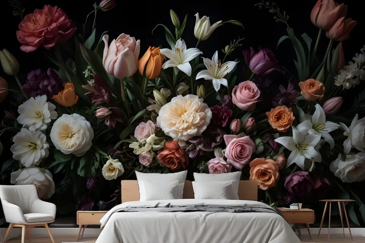 Hollandalı Koyu Çiçekler Yatak Odası Duvar Kağıdı