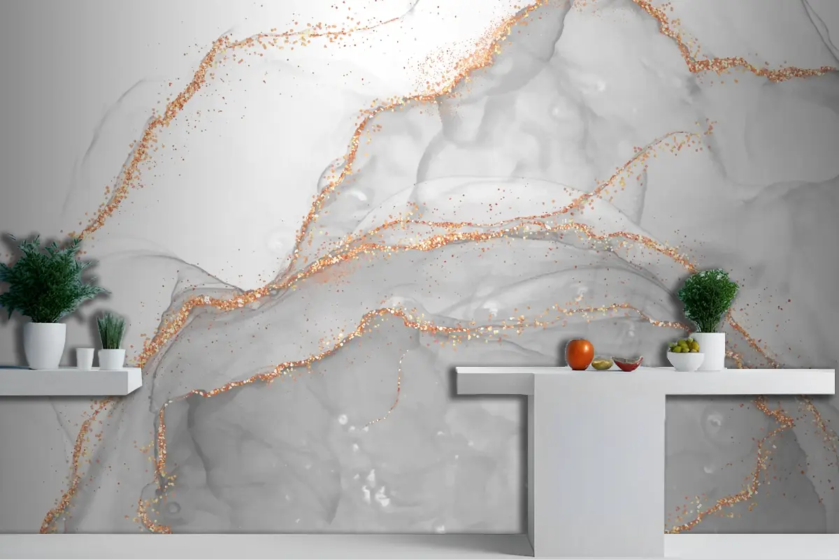 Altın Parıltılı Elementlerle Zarif Alkol Mürekkep Tasarımı Mutfak Duvar Kağıdı