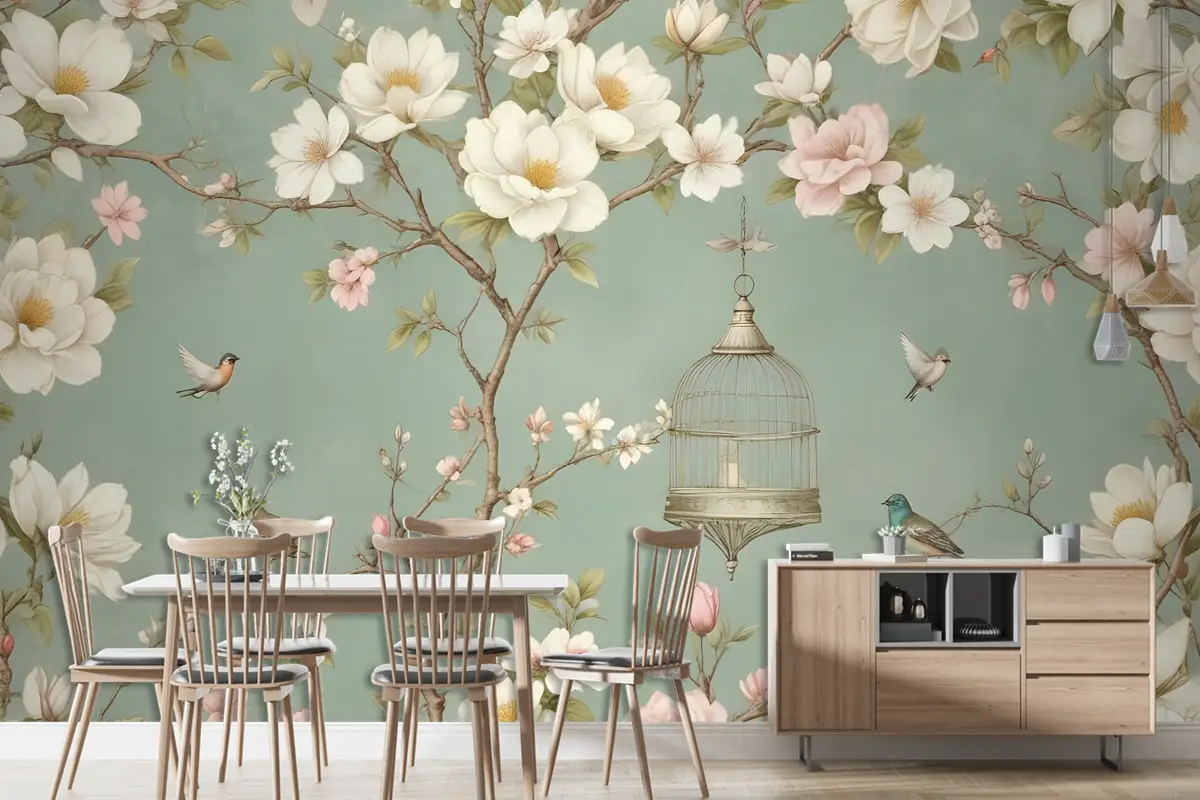 Dallar, Çiçekler Ve Kuşlar Ile İngiliz Country Tarzı Duvar Kağıdı