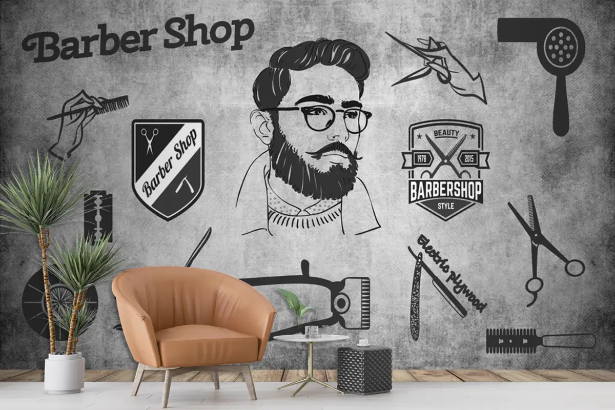 Eskitme Duvar Ahşap Zemin 3D Kuaför Duvar Kağıdı