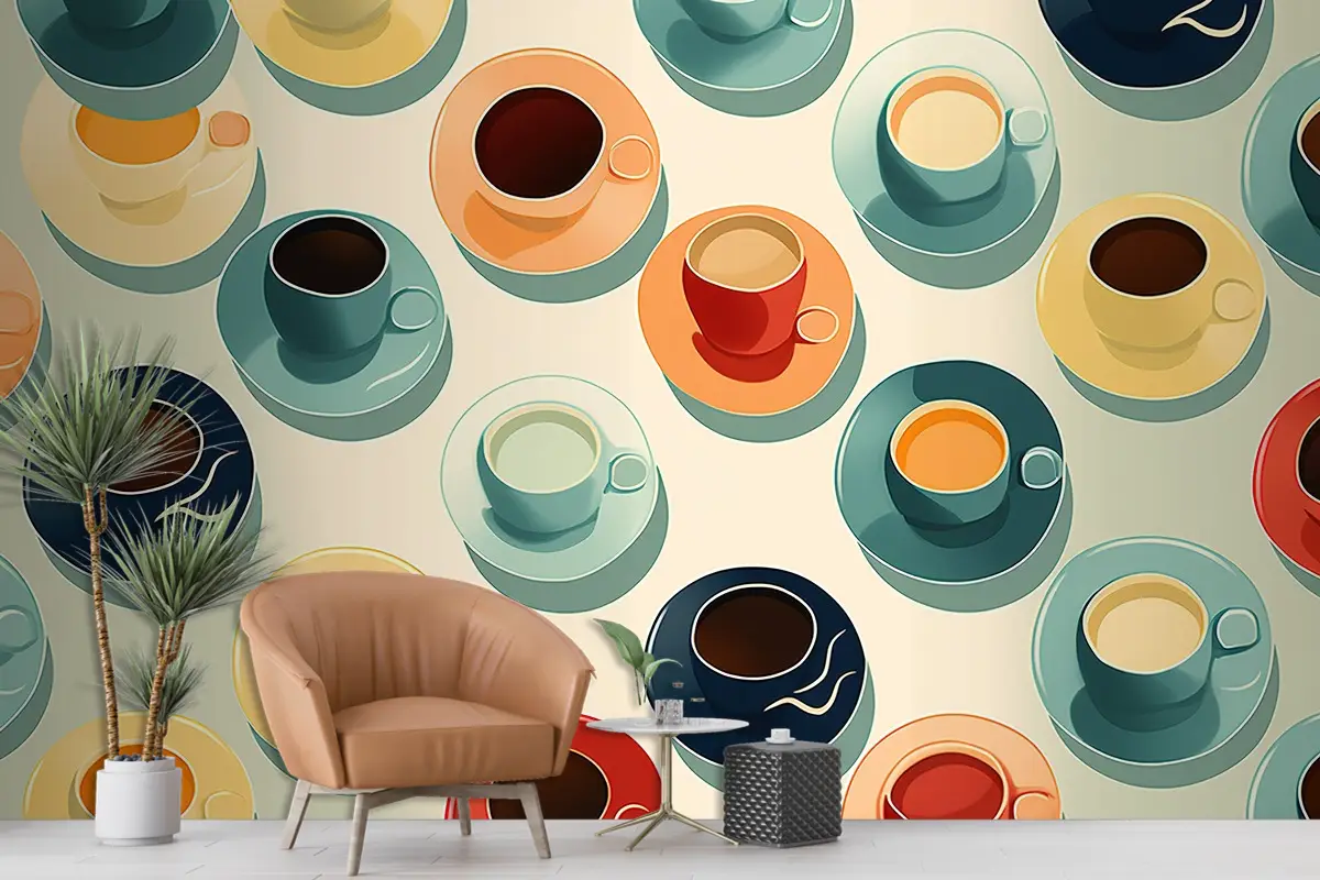 Farklı Renklerde Desenlere Sahip Çay Fincanları Ve Kupalar Cafe Duvar Kağıdı