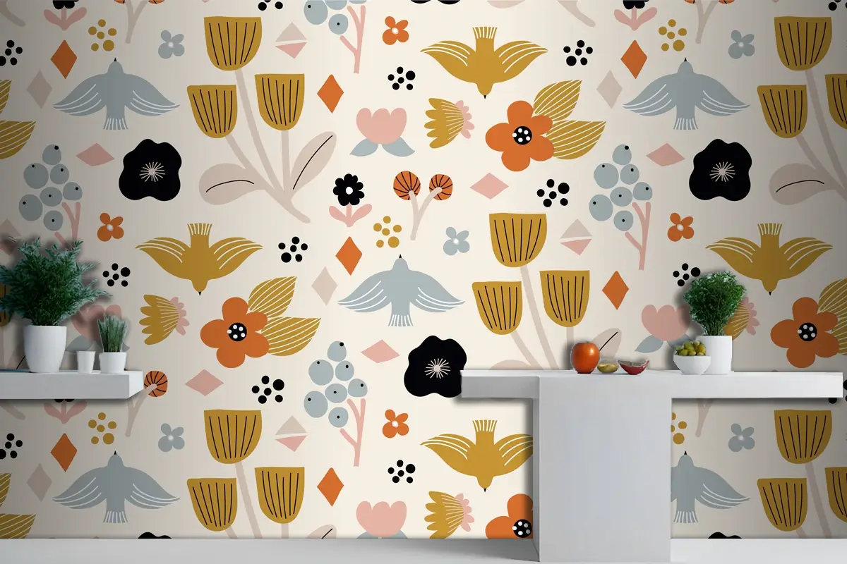 Düz İskandinav Tasarım Deseni Mutfak Duvar Kağıdı 