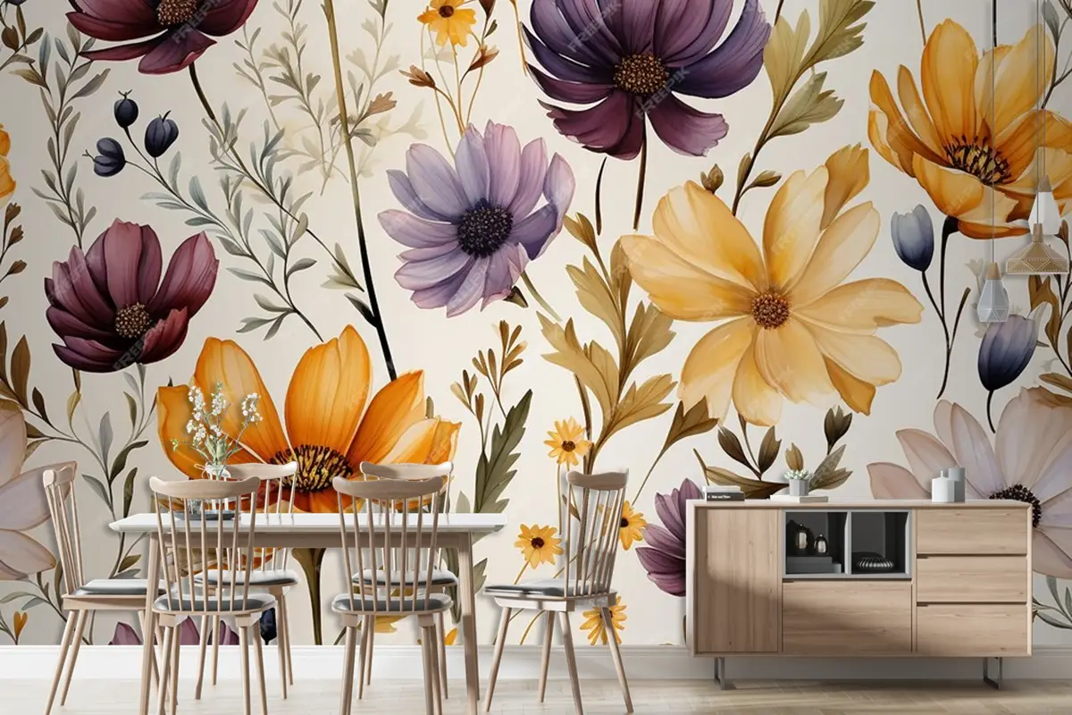 Kır Çiçekleri Ile Çiçekli Çerçeve Arkaplan Suluboya Duvar Kağıdı 