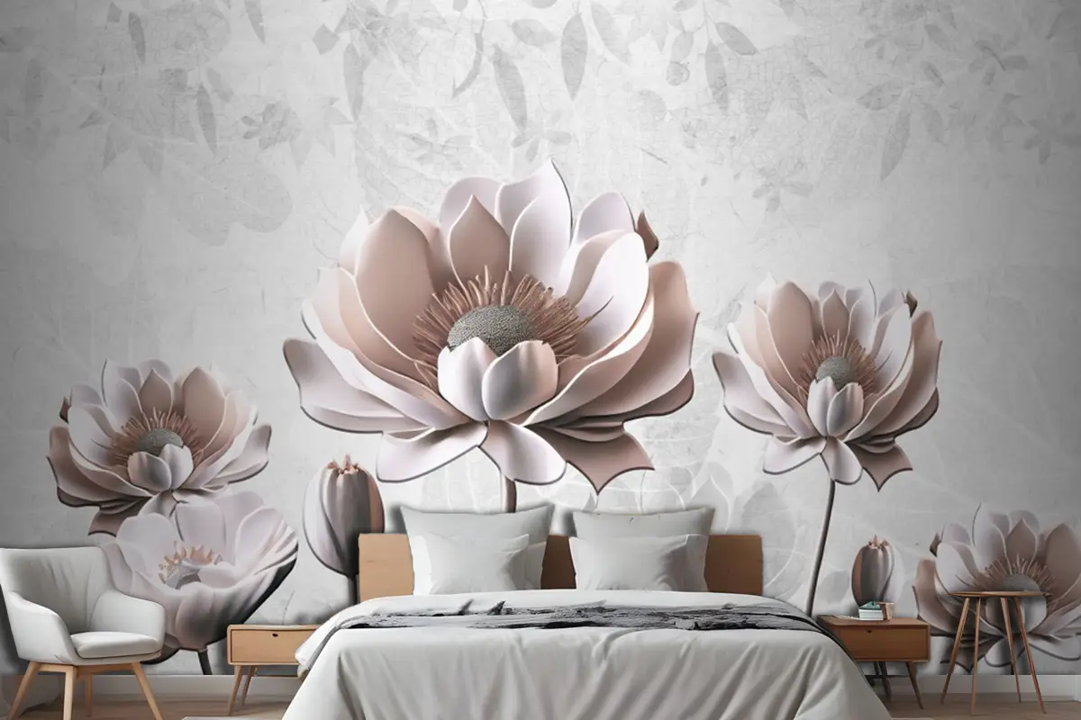 Çiçek Boyama Açık Gri Arka Plan Yatak Odası Duvar Kağıdı