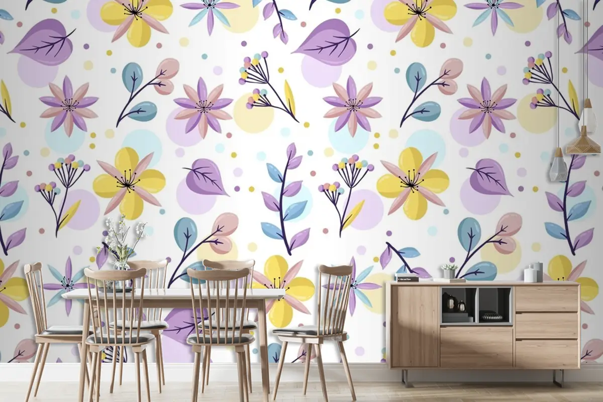 Pastel Renklerde Çiçek Desenli Duvar Kağıdı