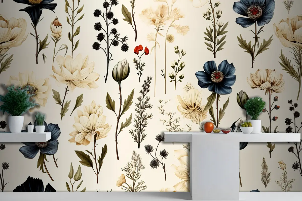 Çiçek Dikişsiz Desen Narin Ve Canlı Çiçek Mutfak Duvar Kağıdı