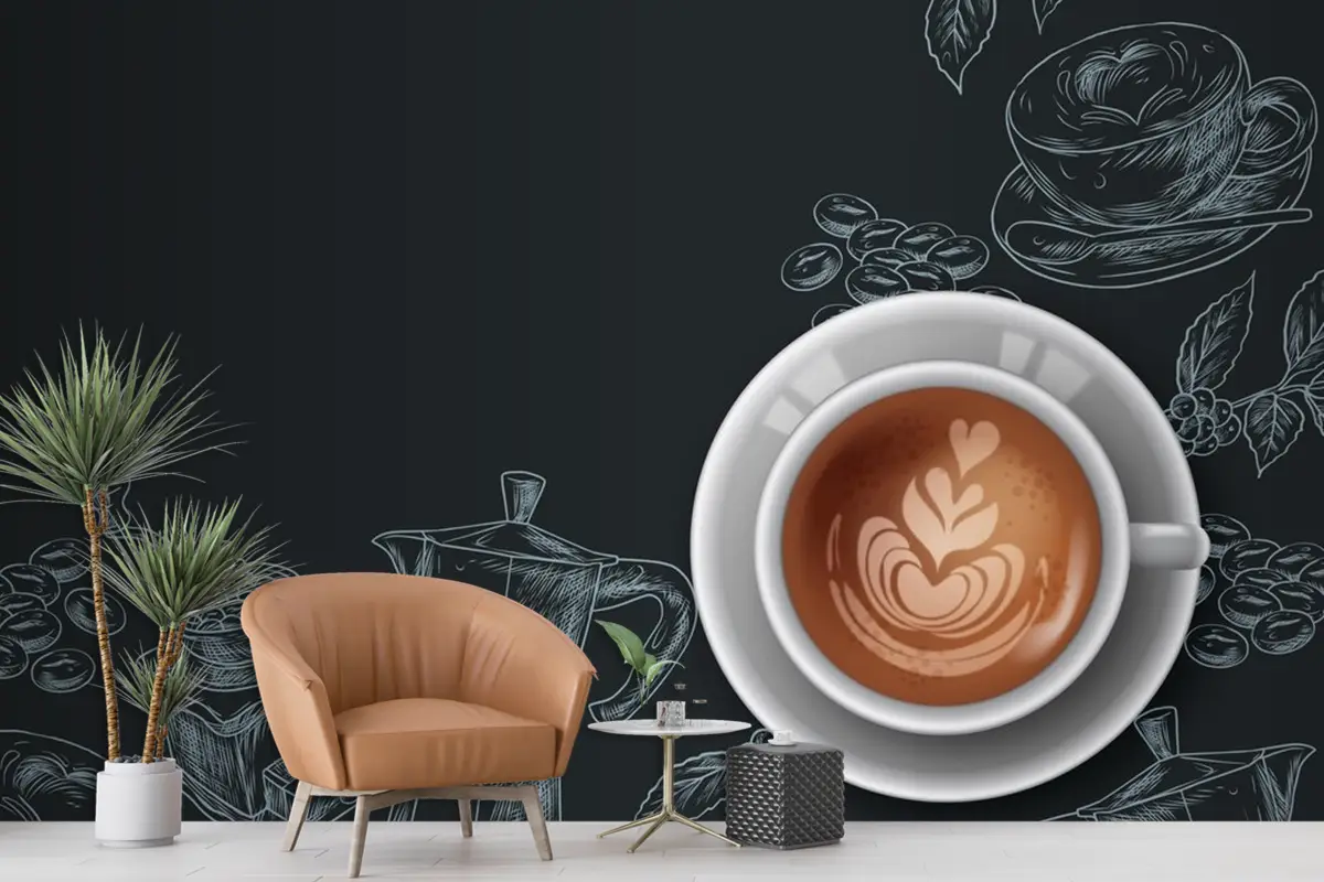 Füme Arka Plan Kahve Çizimleri Cafe Duvar Kağıdı