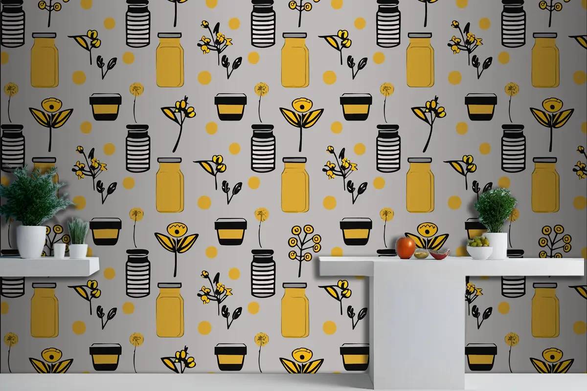 Geometrik Gıda Hattı Deseni Doğal Çiçek Bitki Basit Şekil Soyut Ekolojik Tarım Konsepti Mutfak Duvar Kağıdı