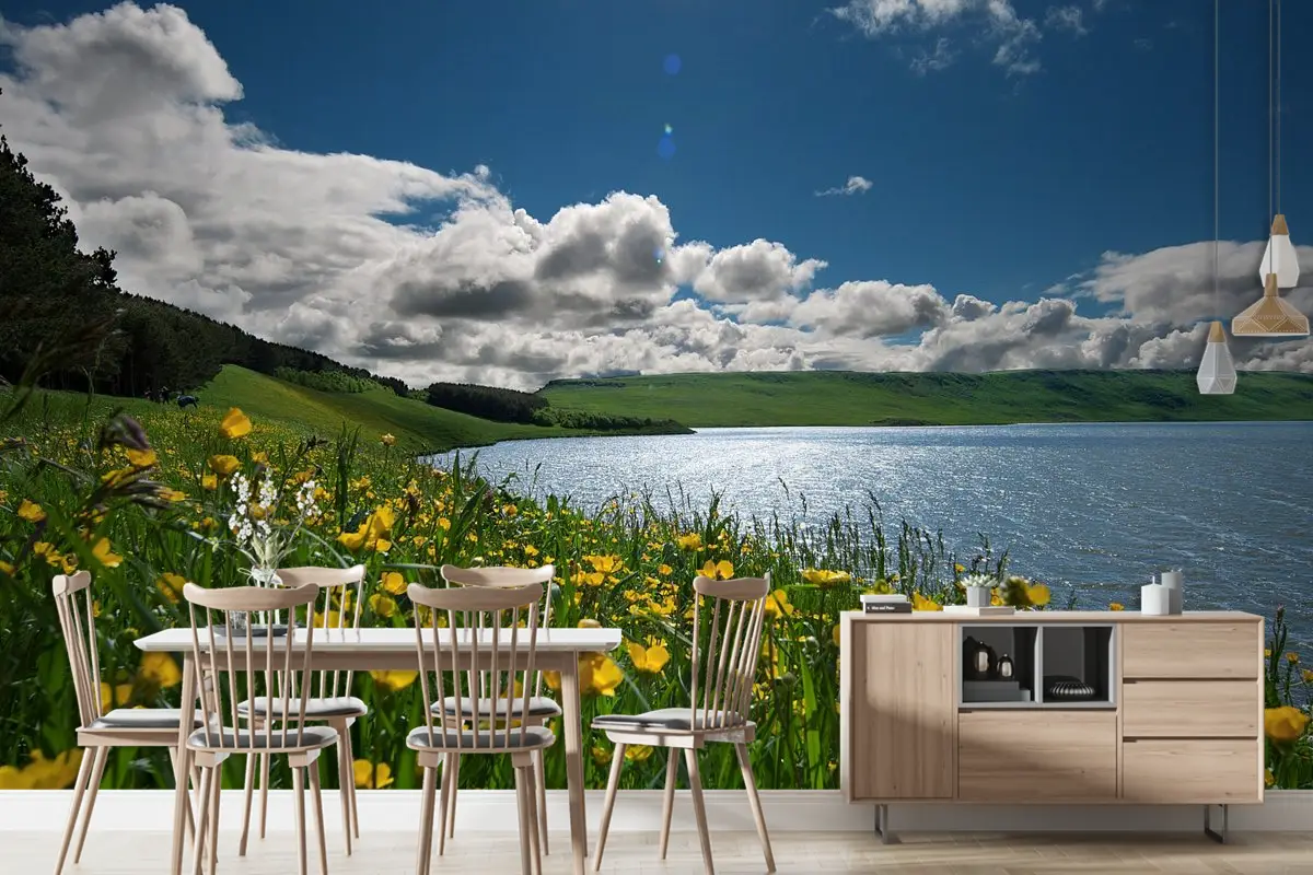 Göldeki Çiçekler Manzara Duvar Kağıdı