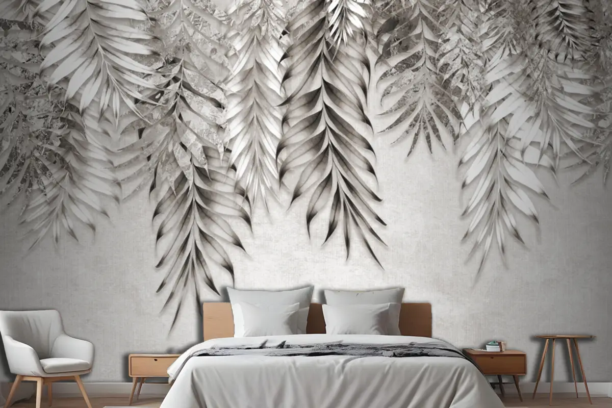 Gri Ve Beyaz Dallar Ağaçların Yaprakları Çizim Yatak Odası Duvar Kağıdı