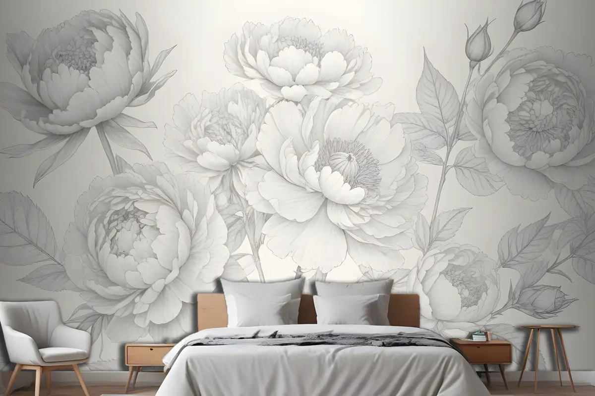 Gri Büyük Resimli Güller Yatak Odası Duvar Kağıdı