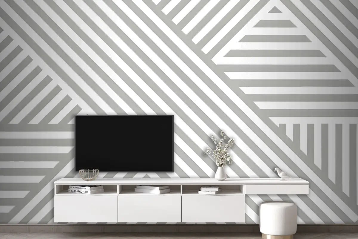 Gri Beyaz Çapraz Çizgili Desenli Oturma Odası Salon Duvar Kağıdı