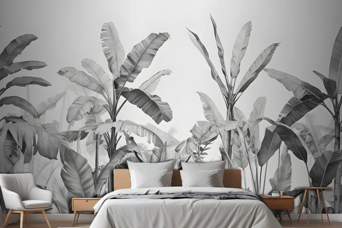 Gri Tonlamalı Vintage Tropikal Bitkiler Yatak Odası Duvar Kağıdı