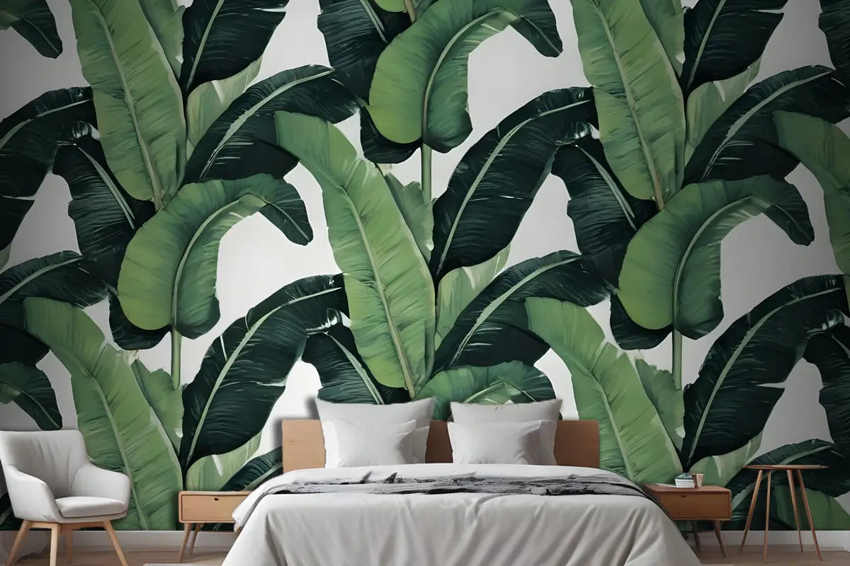 Yeşil Muz Yaprağı Desen Yatak Odası Duvar Kağıdı