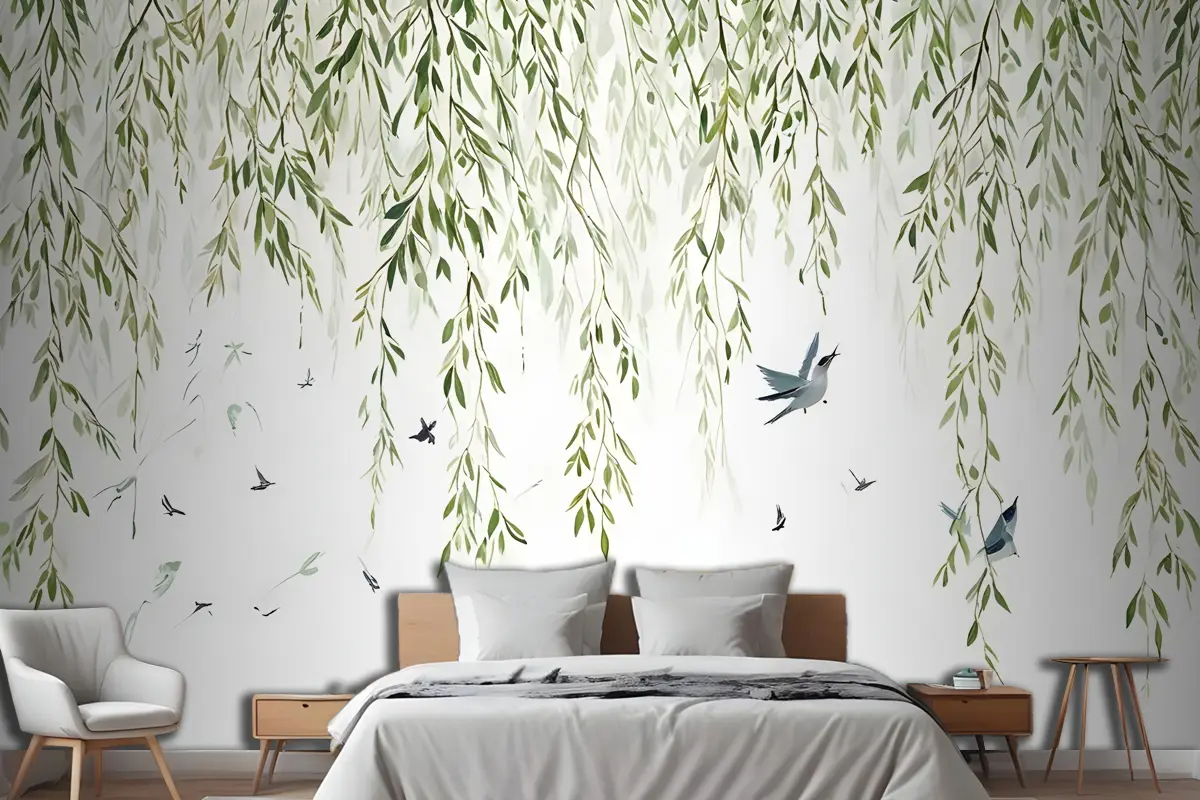 Renkli Kuşlar İle Yeşil Asılı Yapraklar Yatak Odası Duvar Kağıdı