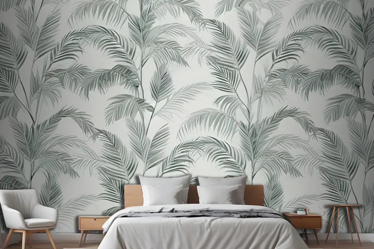 Yeşil Mürekkep Tropikal Desen Yatak Odası Duvar Kağıdı 