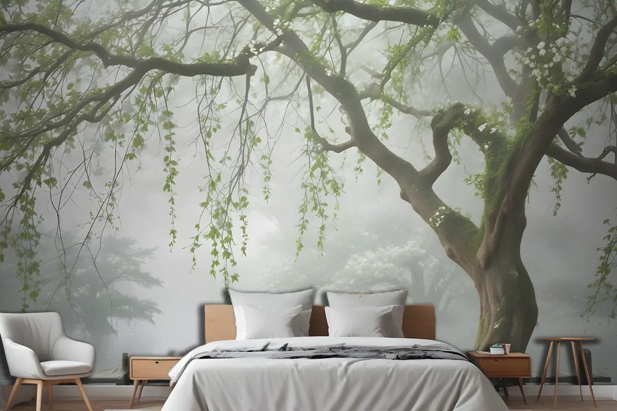 Yeşil Beyaz Yapraklar Ve Çiçekler Ağaç Dalları Yatak Odası Duvar Kağıdı