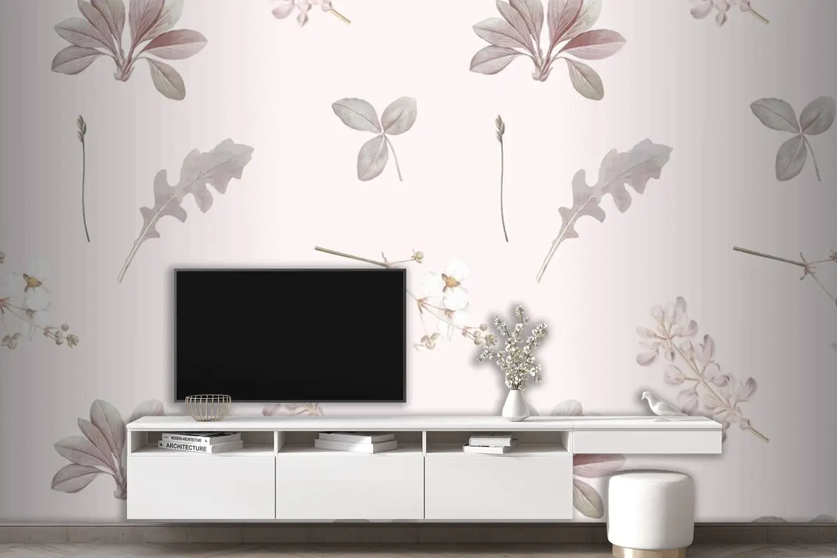 Gri Arka Planda Çiçek Desenli Dikişsiz Desen Tv Arkası Duvar Kağıdı