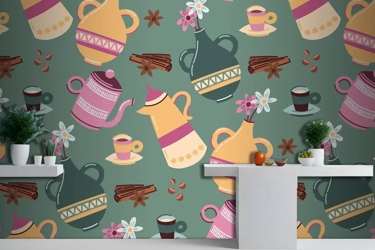 Elle Çizilmiş Renkli Kahve Desenli Mutfak Duvar Kağıdı