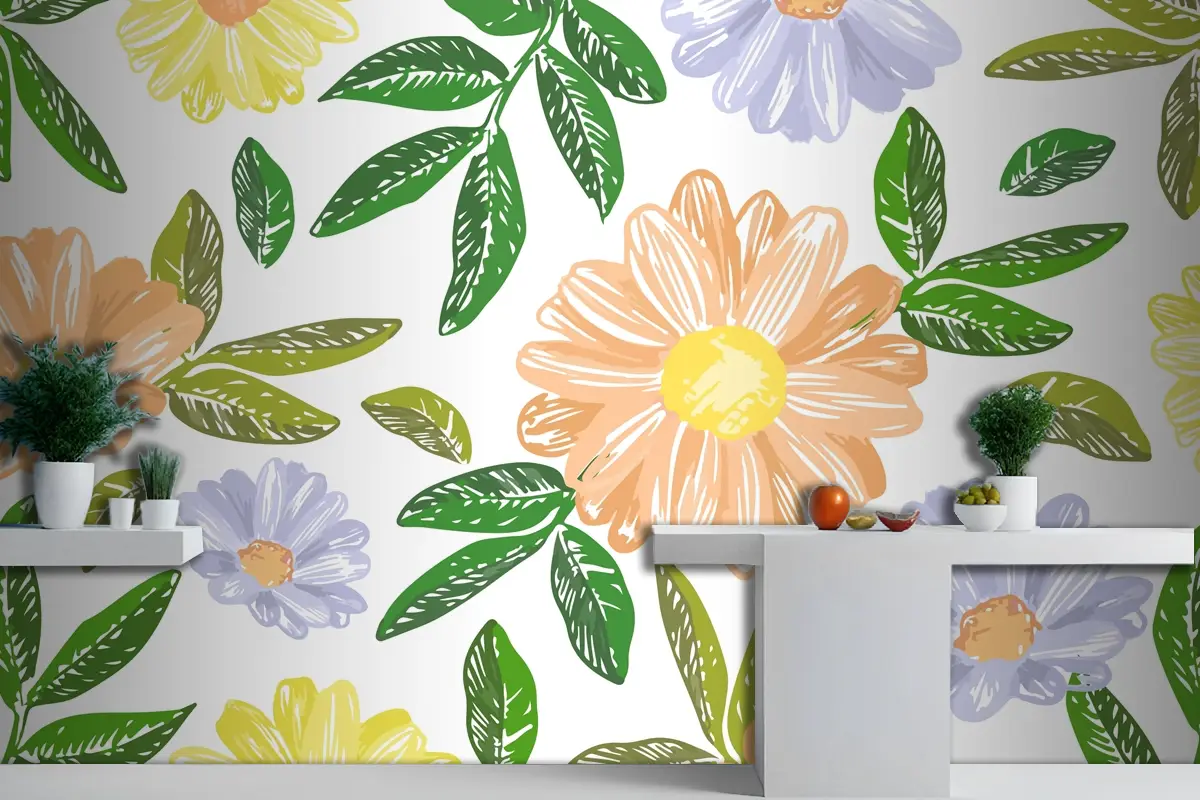 Elle Çizilmiş Çiçek Nakış Mutfak Duvar Kağıdı