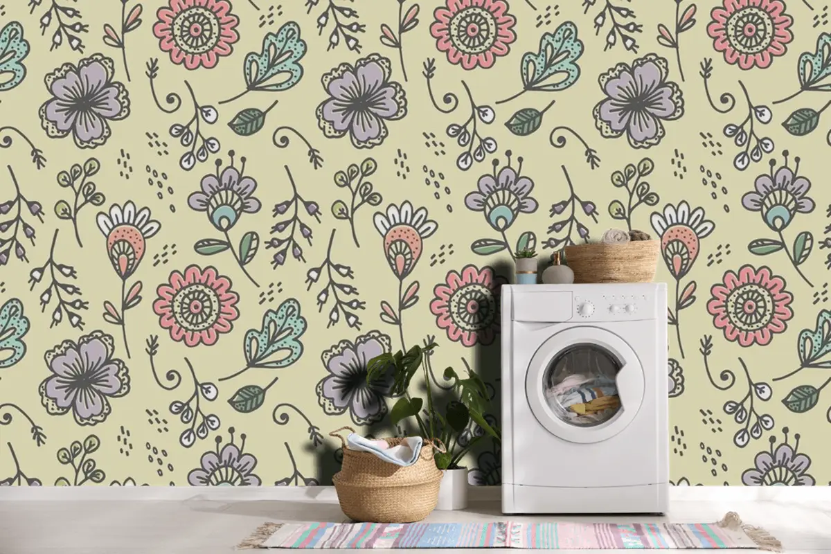 Elle Çizilmiş Çiçek Desenli Tasarım Duvar Kağıdı