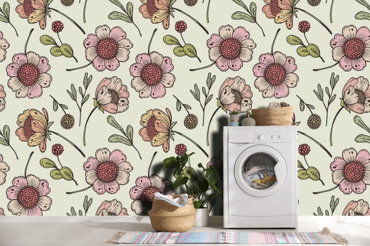 Şeftali Tonlarında Elle Çizilmiş Çiçek Desenli Duvar Kağıdı