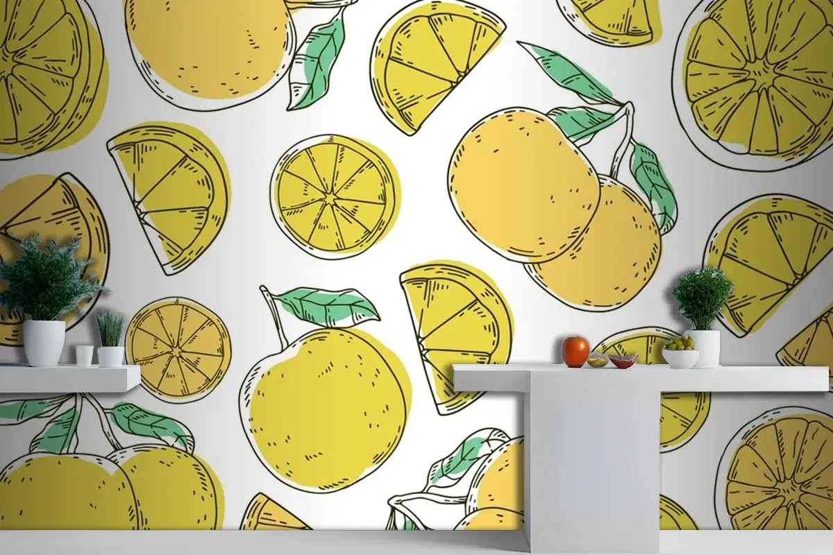 Elle Çizilmiş Çizgisel Oyulmuş Limon Desenli Mutfak Duvar Kağıdı