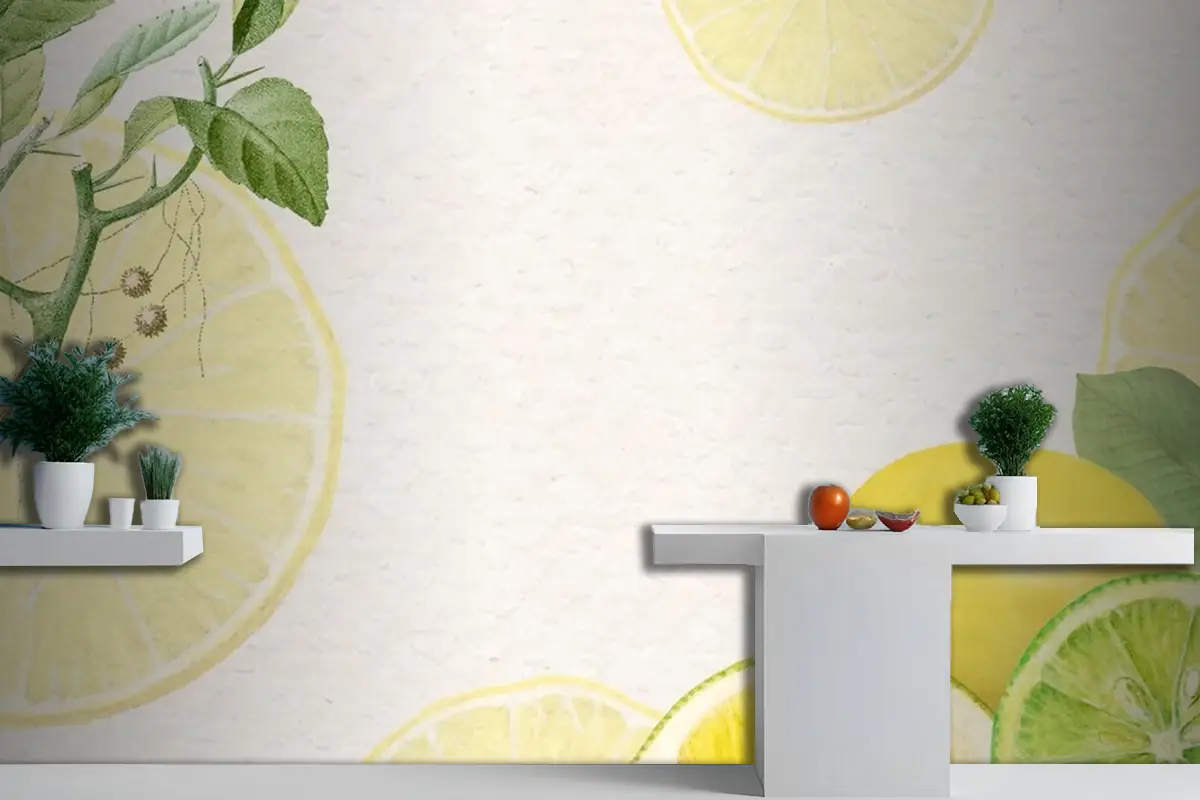 Elle Çizilmiş Doğal Taze Limon Mutfak Duvar Kağıdı