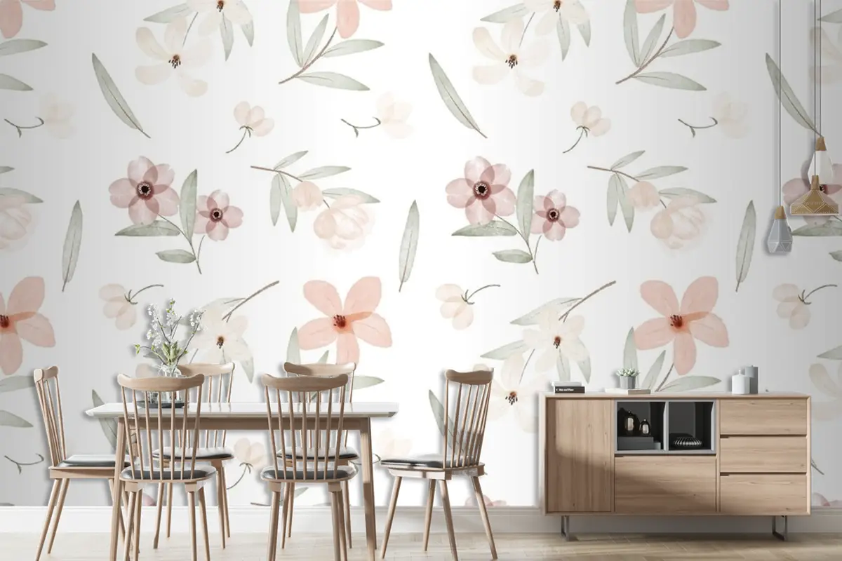 El Boyalı Suluboya Botanik Desenli Duvar Kağıdı 