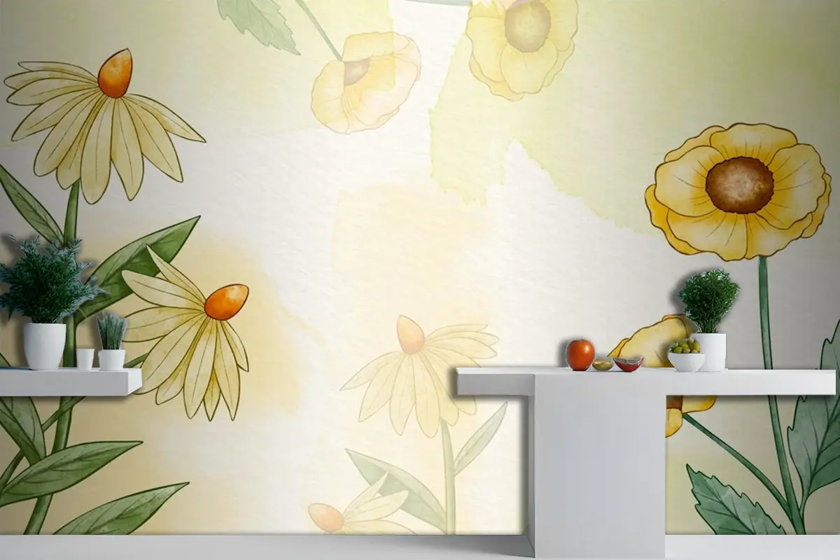 El Boyalı Suluboya Çiçek Mutfak Duvar Kağıdı 