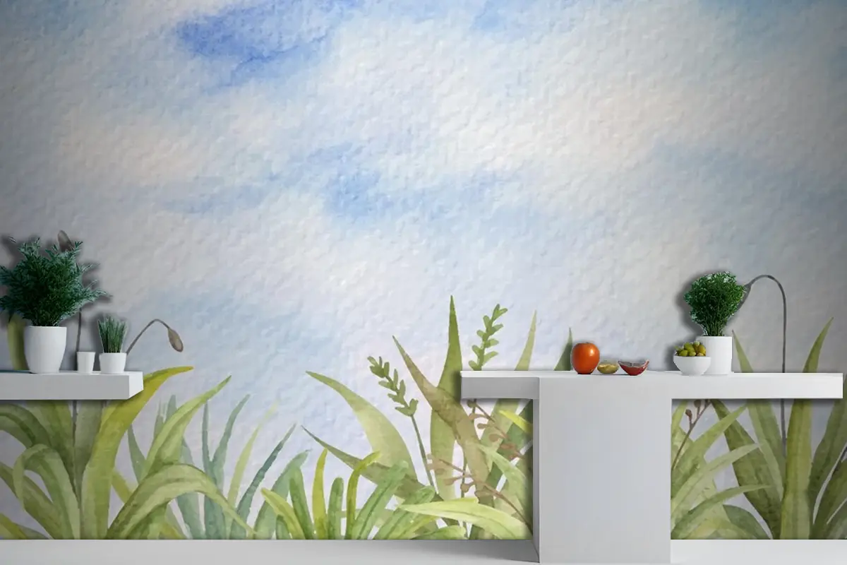 El Boyalı Suluboya Yaz Manzarası Mutfak Duvar Kağıdı