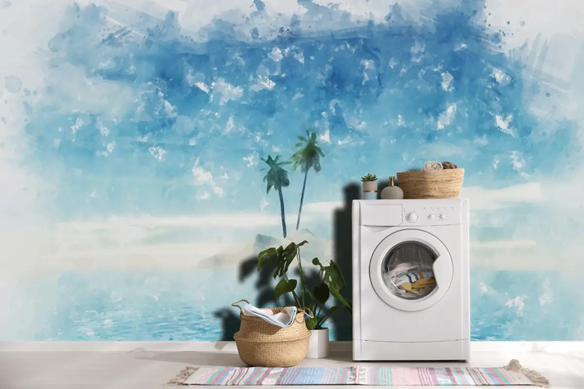 El Boyalı Suluboya Yaz Palmiye Ağacı Adası Duvar Kağıdı