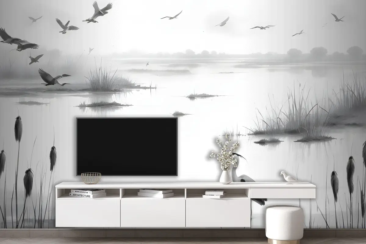 Uçan Kuşlarla Dumanlı Sulak Alanlarda Balıkçıl Kroki Oturma Odası Salon Duvar Kağıdı