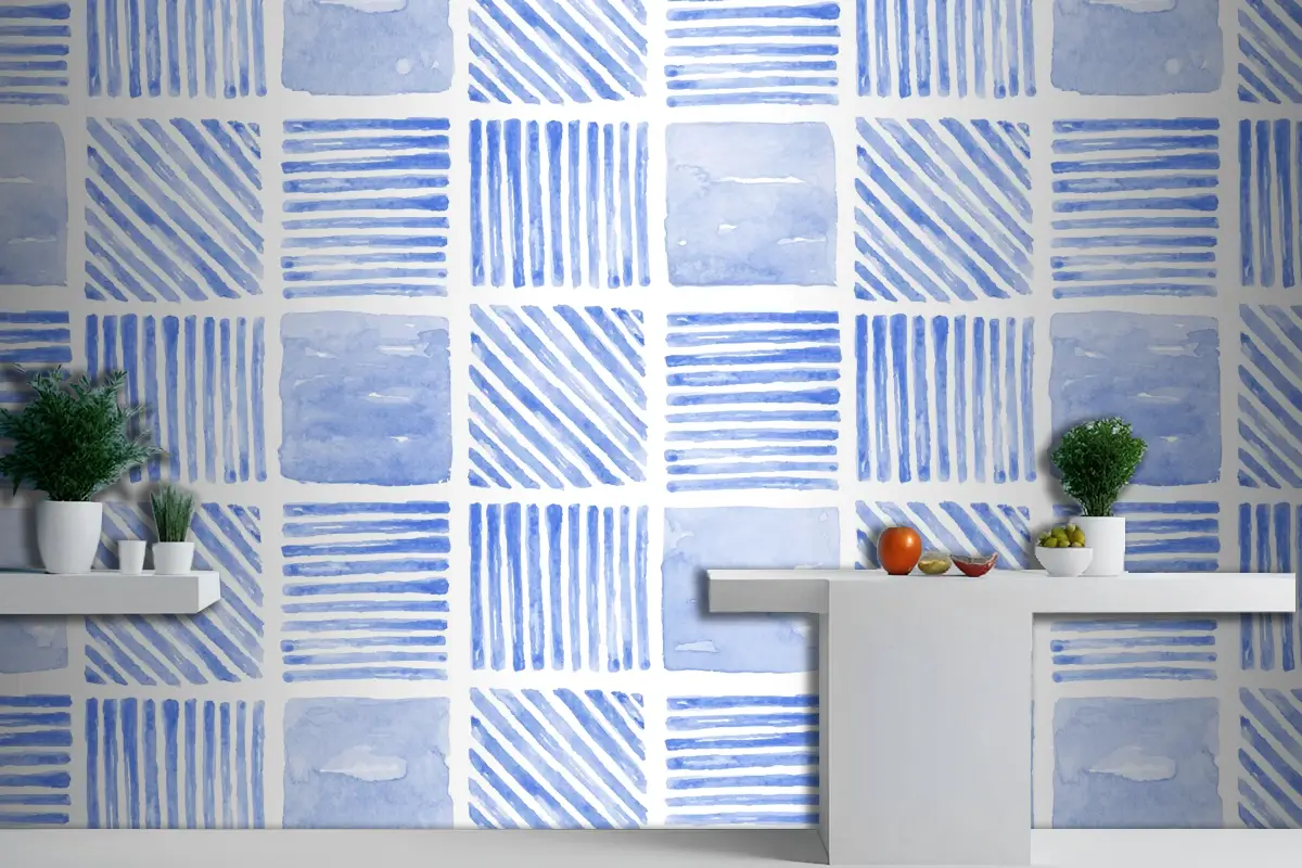 İndigo Mavi Suluboya Geometrik Dikişsiz Desenli Mutfak Duvar Kağıdı