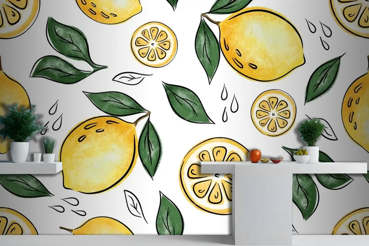 Limonlu Ve Yapraklı Sulu Dikişsiz Desen Mutfak Duvar Kağıdı