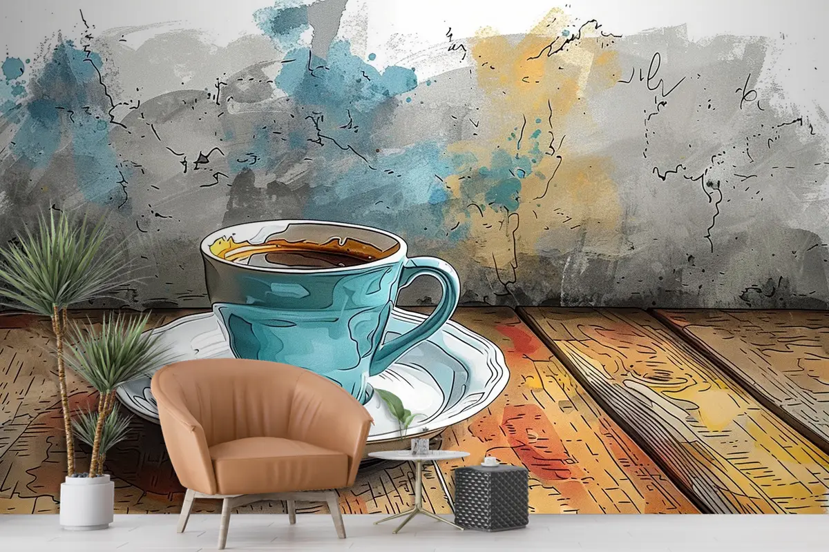 Kahve Fincanı Sulu Boya Tasarımı Cafe Duvar Kağıdı