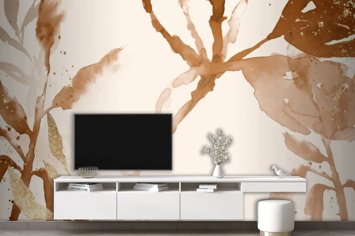 Kahverengi Suluboya Yaprak Estetik Sonbahar Mevsimi Tv Arkası Duvar Kağıdı