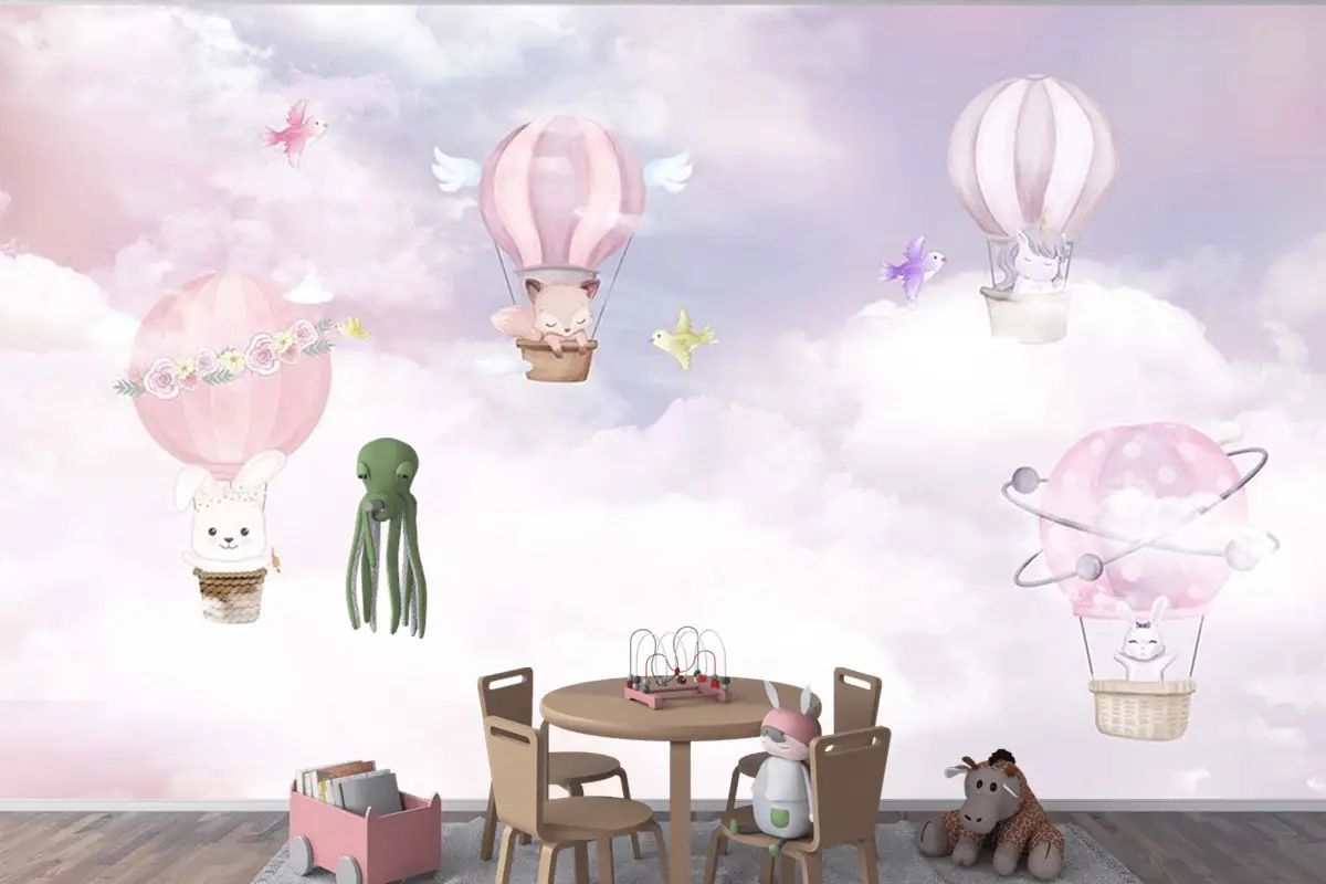 Çocuk Odası Duvar Kağıdı Balonlar Ve Sevimli Hayvanlar