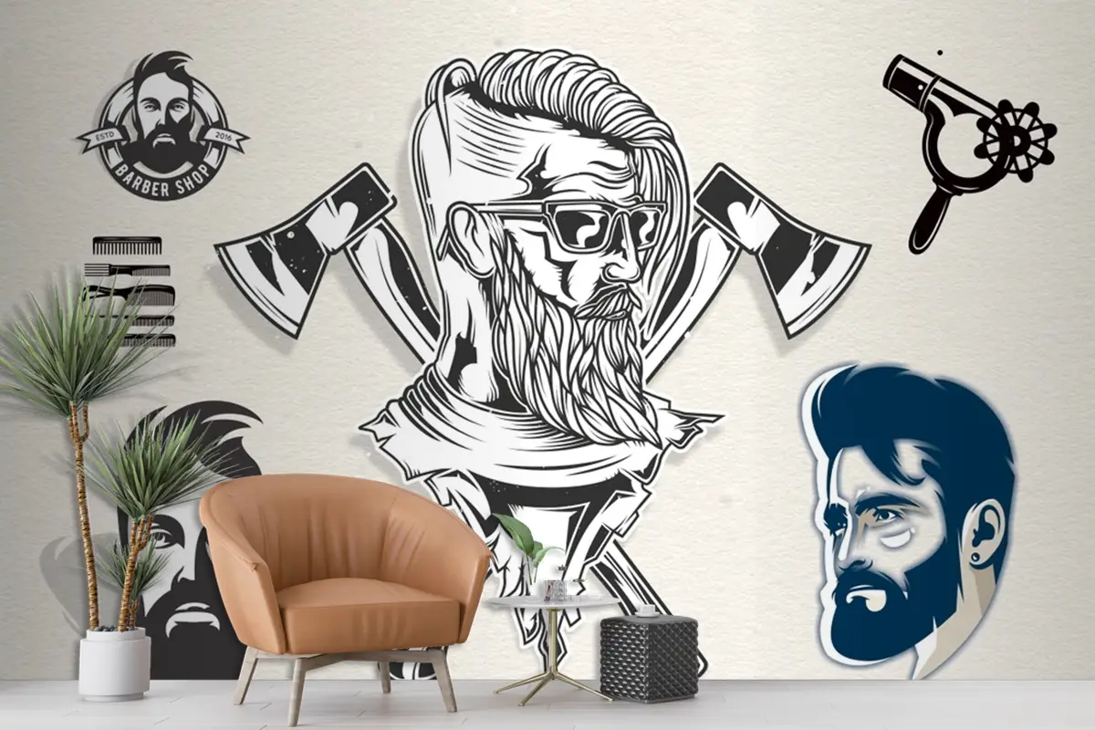 Krem Arka Plan Viking Temalı Kuaför Duvar Kağıdı