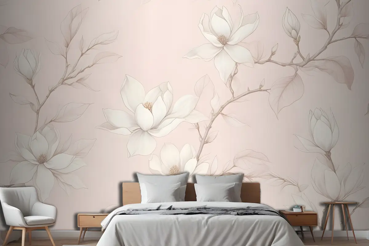 Büyük Elle Çizilmiş Kiraz Çiçeği Yatak Odası Duvar Kağıdı