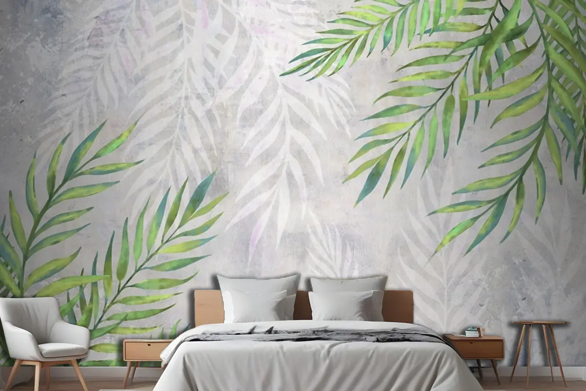 Hafif Dokulu Yatak Odası Duvar Kağıdı Duvarında Köşelerde Yapraklar
